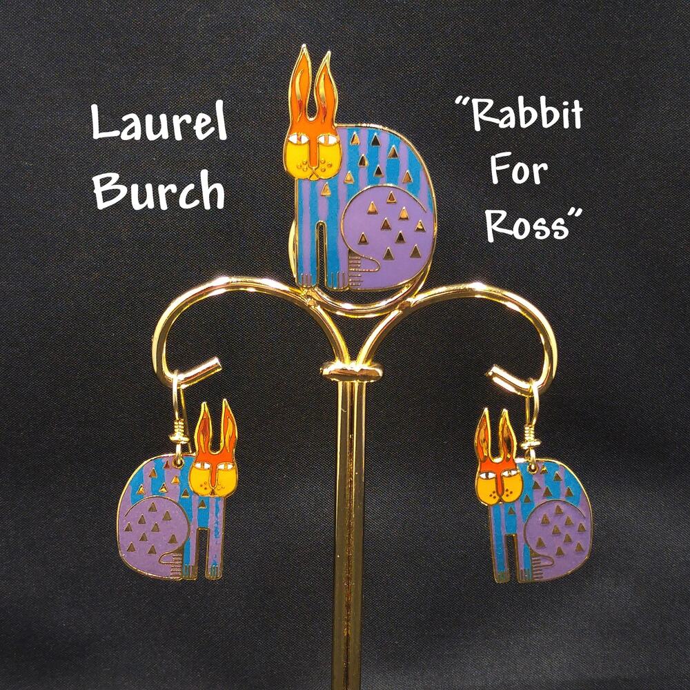 Laurel Burch "Rabbit For Ross" Brooch & Earring Set, Rainbow Enamel, Gold Plated